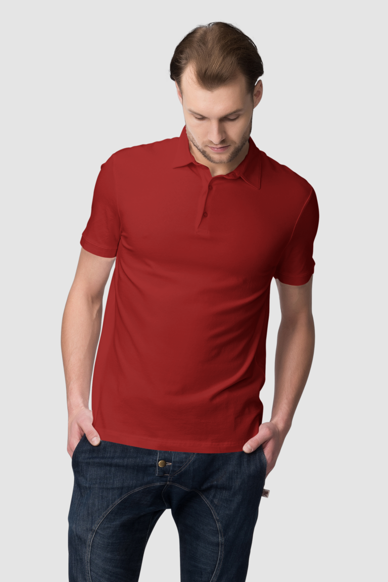 Maroon polo shirt worn with dark jeans