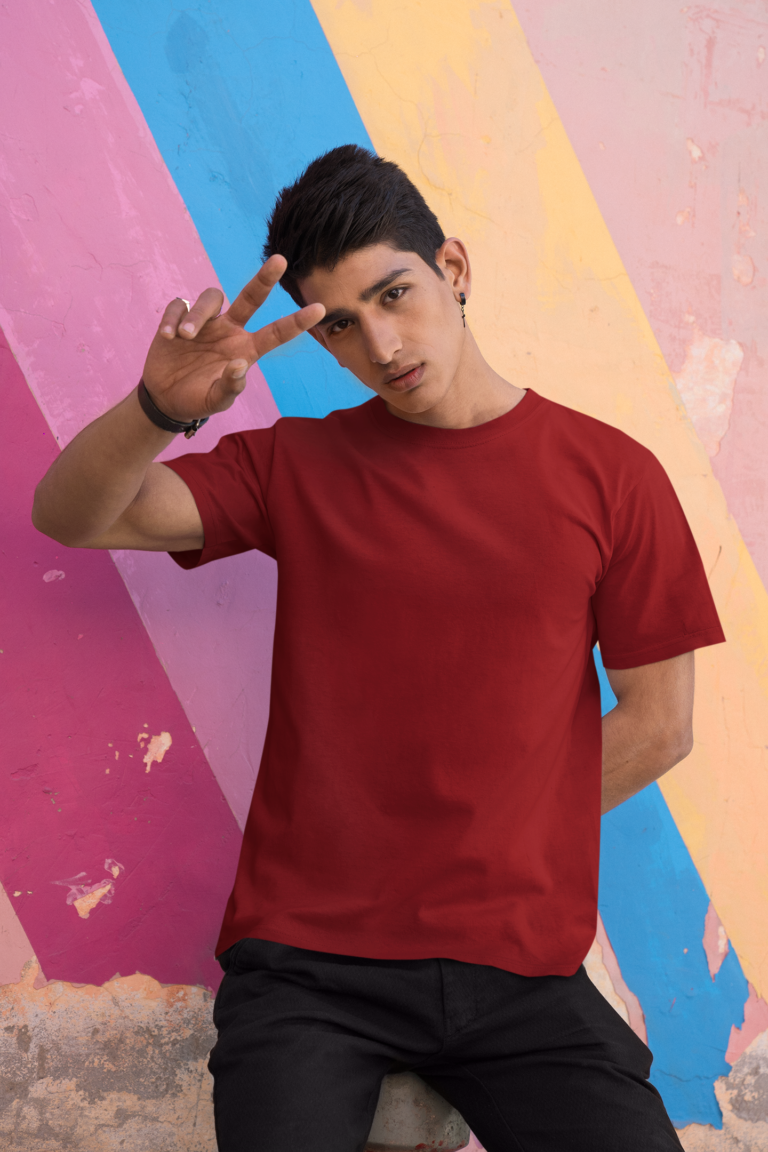Maroon T-shirt shown as a deeper-colour alternative within a small casual wardrobe