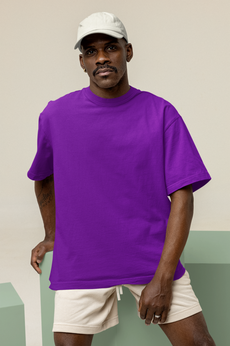 Relaxed purple T-shirt worn with light shorts