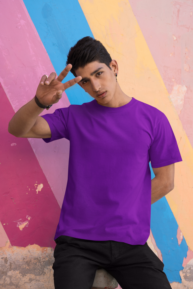 Purple round-neck T-shirt paired with black trousers