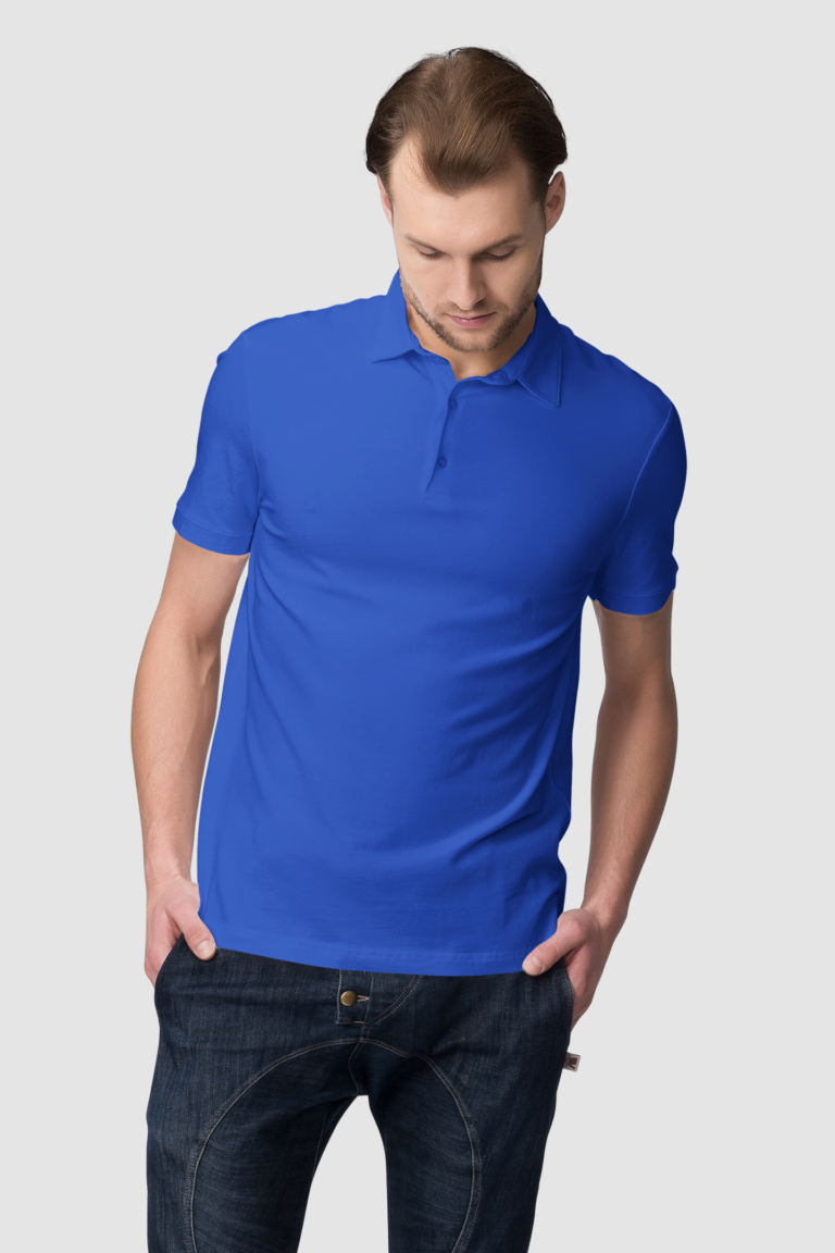 Royal blue polo shirt worn with dark jeans