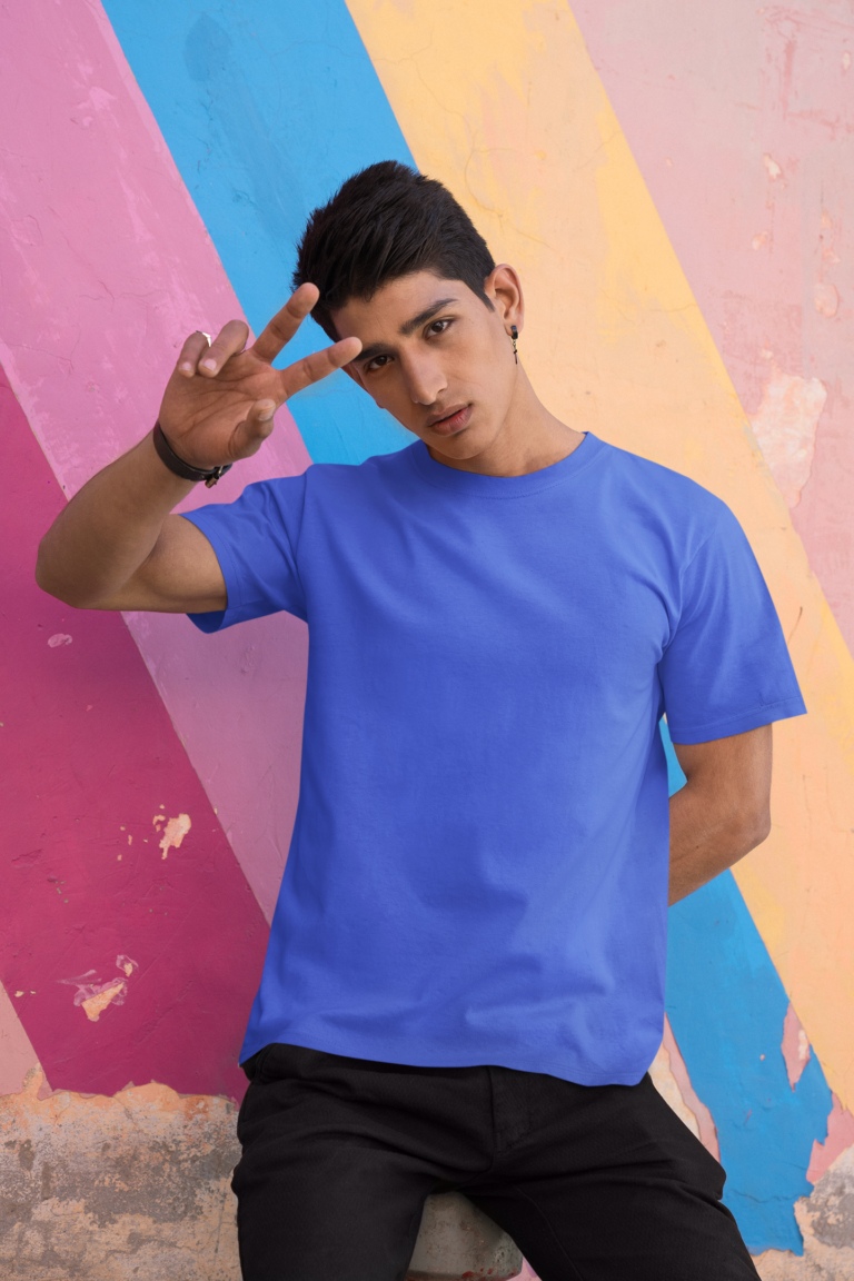 Royal blue T-shirt shown as a separate accent-colour alternative to purple