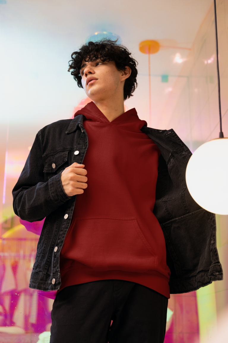 Men's maroon hoodie as a cooler-weather colour option