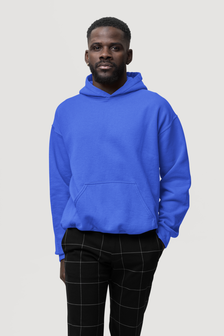 Royal blue hoodie worn with dark checked trousers