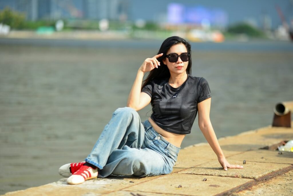 woman wearing crop top with casual outfit