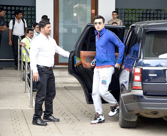 Ranbir Kapoor — Blue sweatshirt, white trousers and trainers