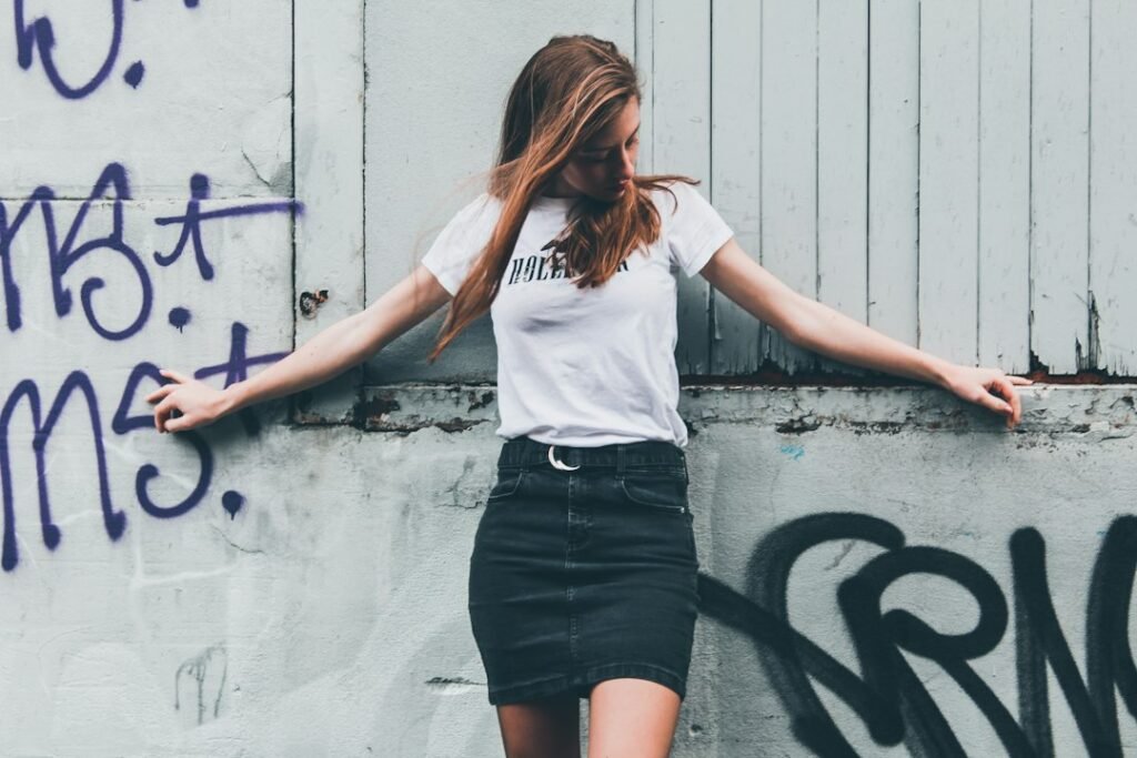 Woman T-shirt with denim skirt